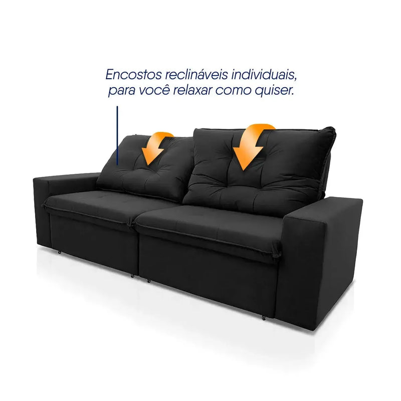Sofá Retrátil Reclinável Malta 2,00m Suede Velut Preto Molas no Assento