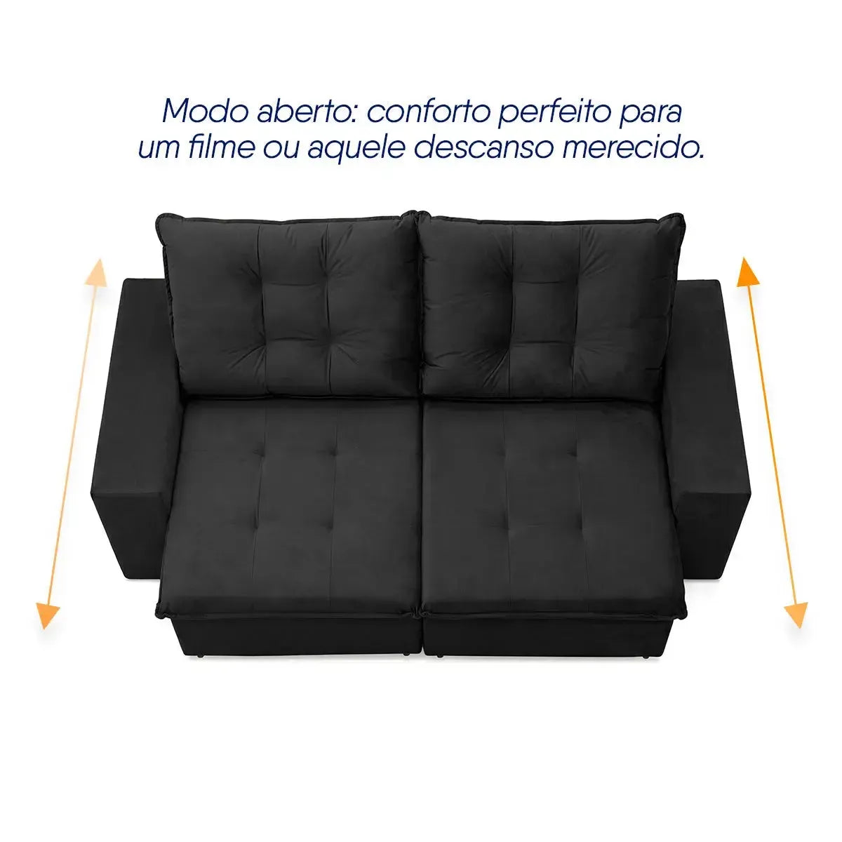 Sofá Retrátil Reclinável Malta 2,00m Suede Velut Preto Molas no Assento