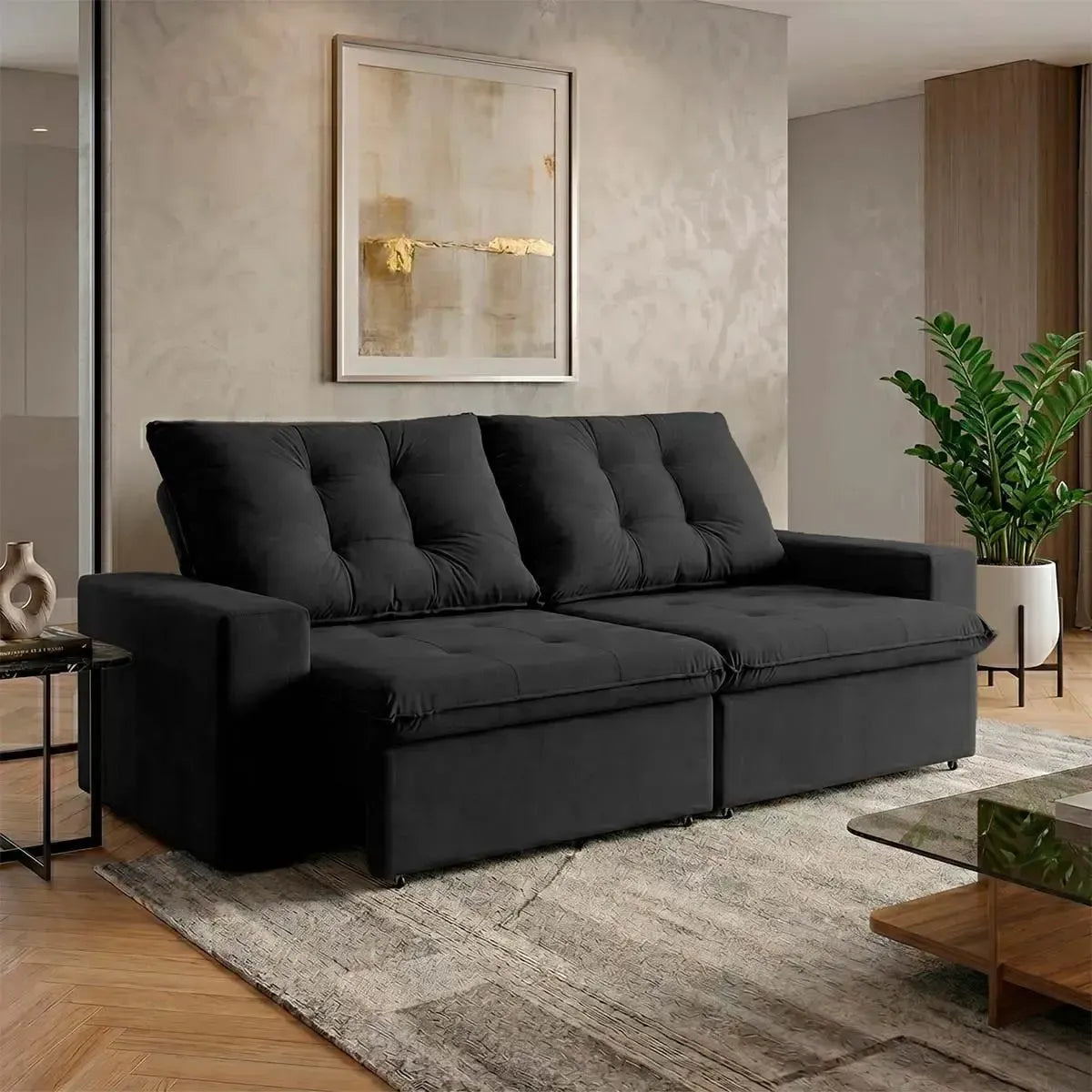 Sofá Retrátil Reclinável Malta 2,00m Suede Velut Preto Molas no Assento