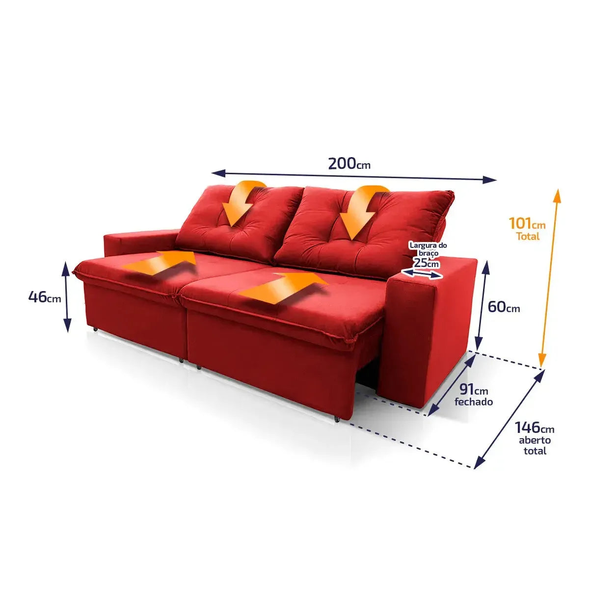 Sofá Retrátil Reclinável Malta 2,00m Suede Velut Vermelho Molas no Assento