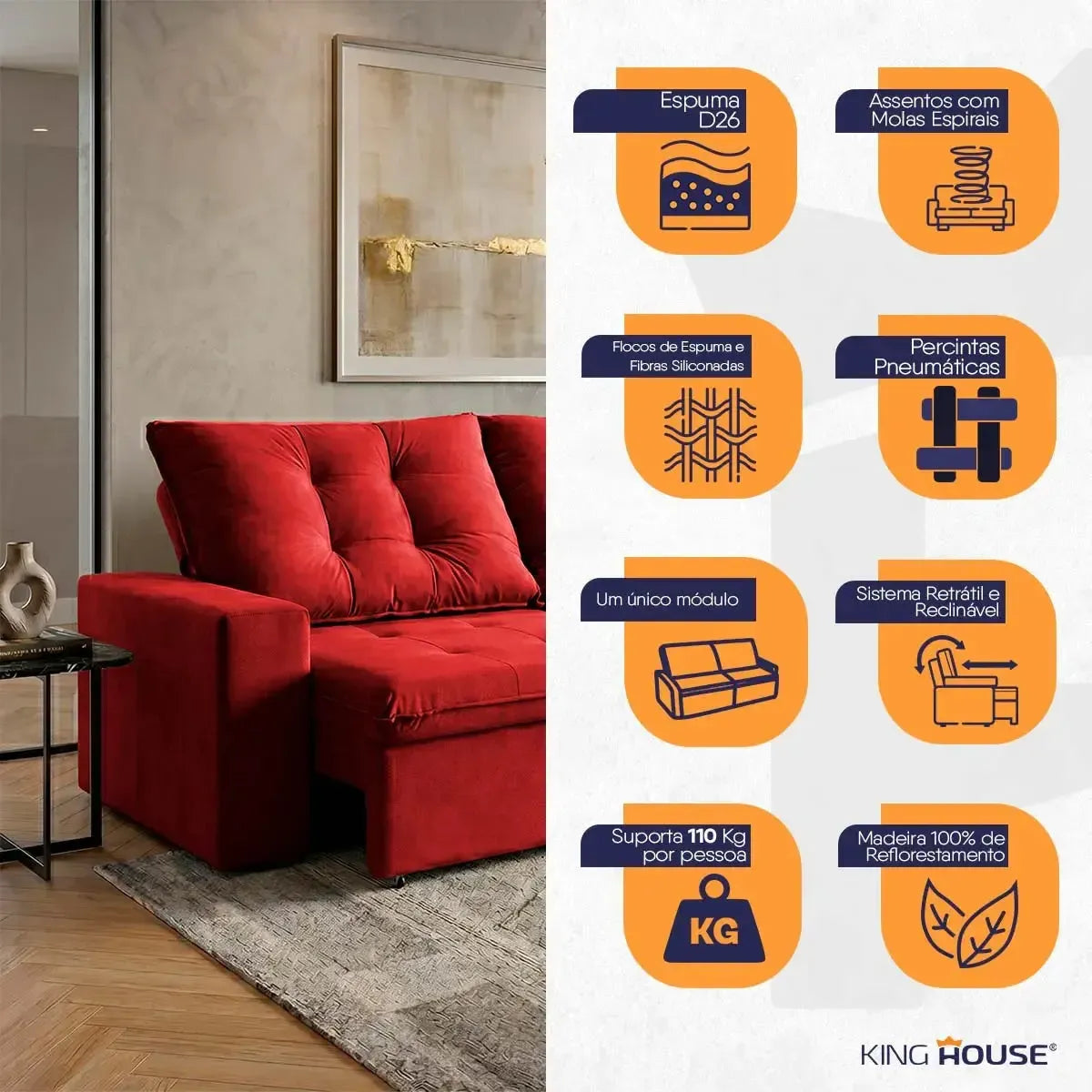Sofá Retrátil Reclinável Malta 2,00m Suede Velut Vermelho Molas no Assento