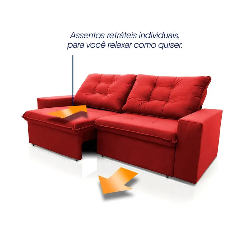 Sofá Retrátil Reclinável Malta 2,00m Suede Velut Vermelho Molas no Assento