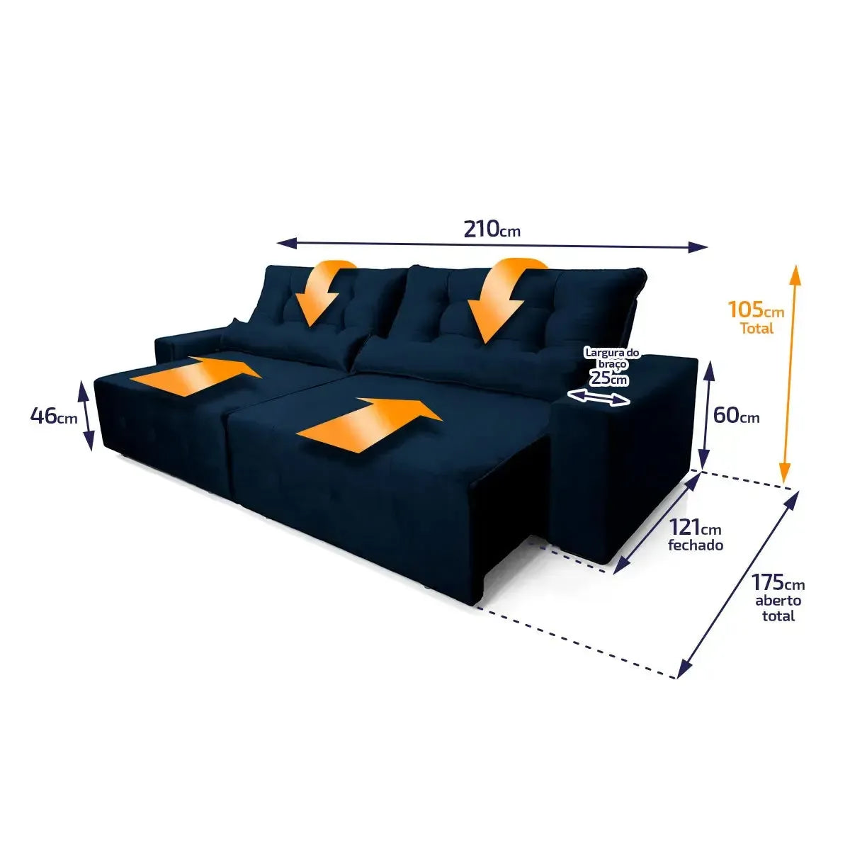 Sofá retrátil reclinável Montebello 2,10m em suede velut azul marinho, com molas no assento.