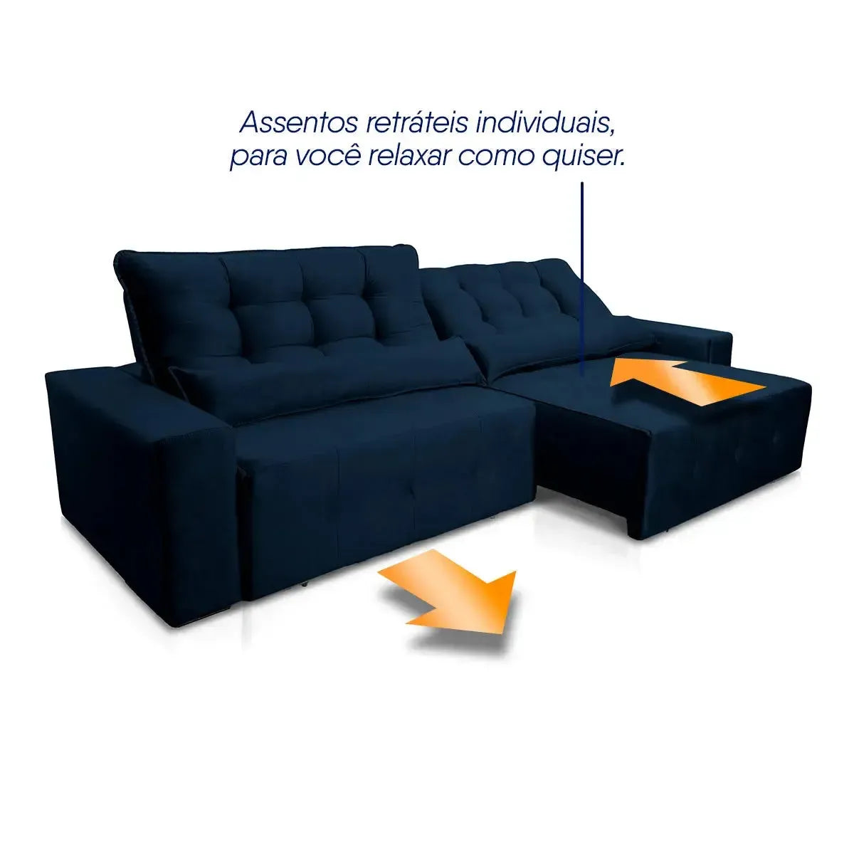 Sofá retrátil reclinável Montebello azul marinho em suede velut, com assentos individuais e molas.