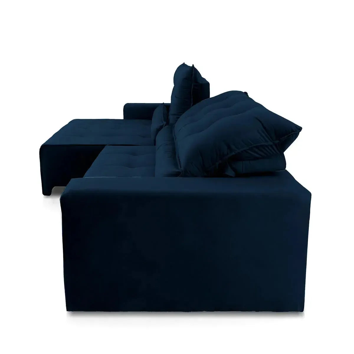 Sofá retrátil reclinável Montebello 2,10m em suede velut azul marinho, com molas no assento.