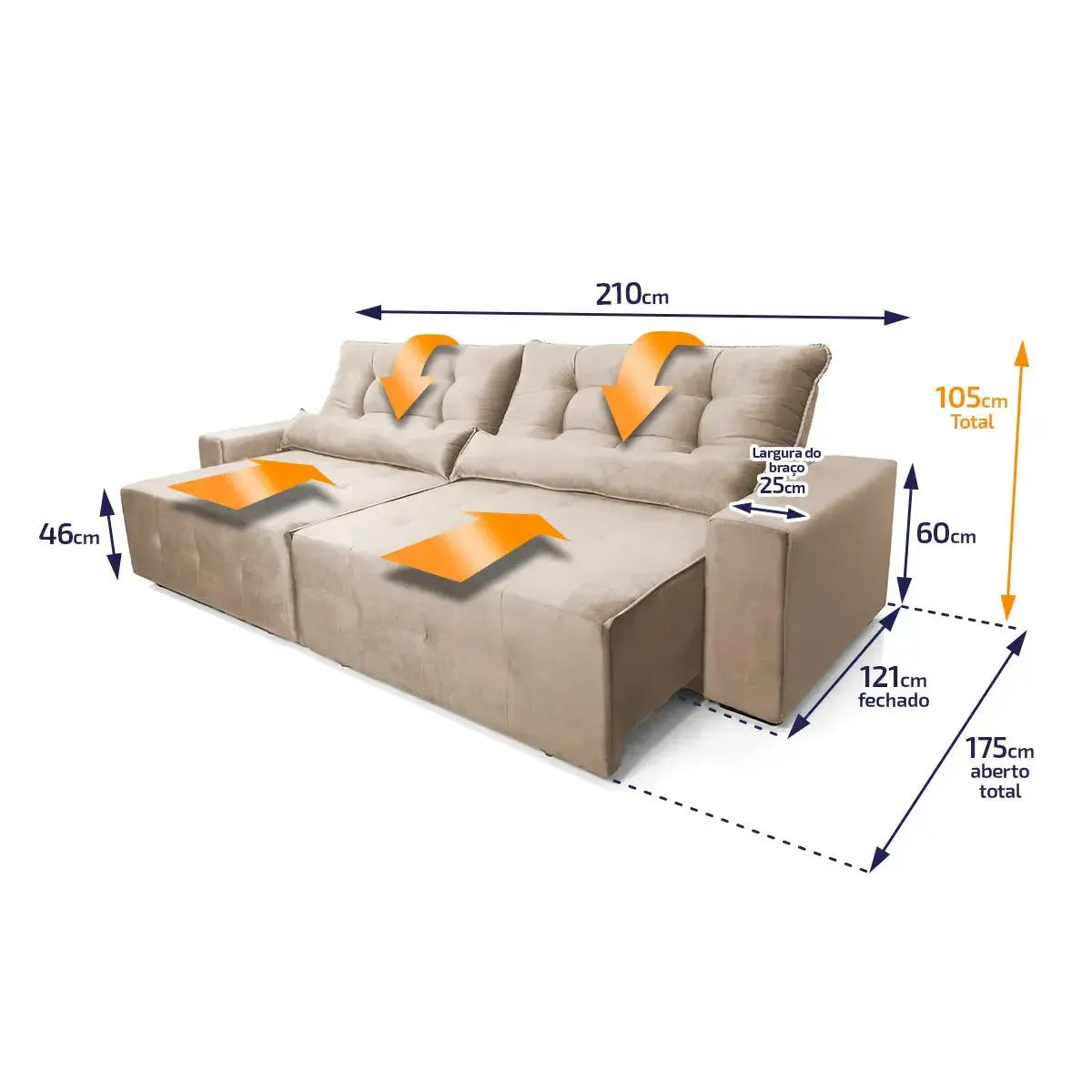 Sofá retrátil reclinável Montebello 2,10m em Suede Velut Bege, com molas no assento e dimensões detalhadas.