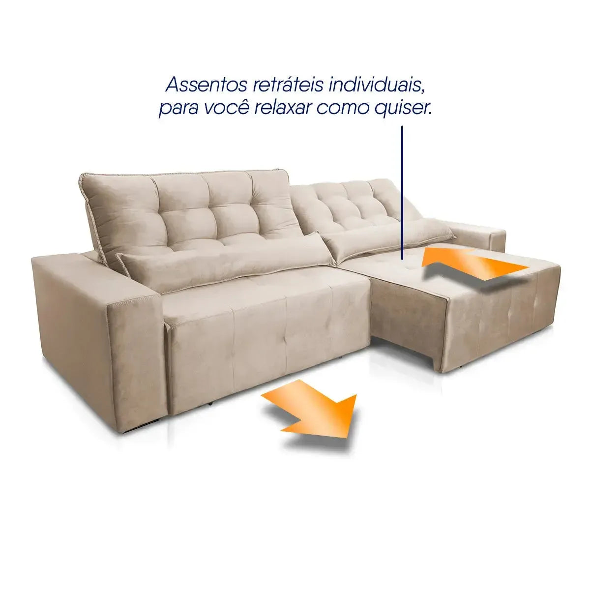 Sofá retrátil reclinável Montebello 2,10m em Suede Velut Bege com assentos individuais.