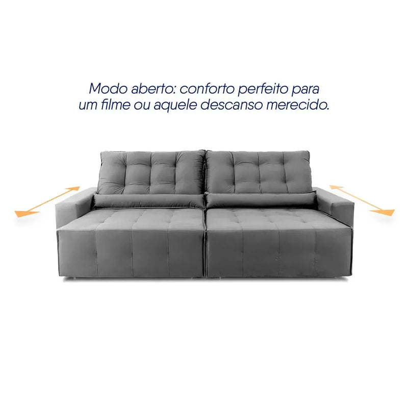 Sofá retrátil reclinável Montebello cinza suede velut, com assento estendido e molas.