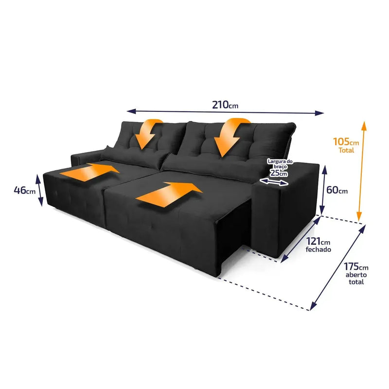 Sofá retrátil reclinável Montebello 2,10m em suede velut preto com molas, dimensões detalhadas.