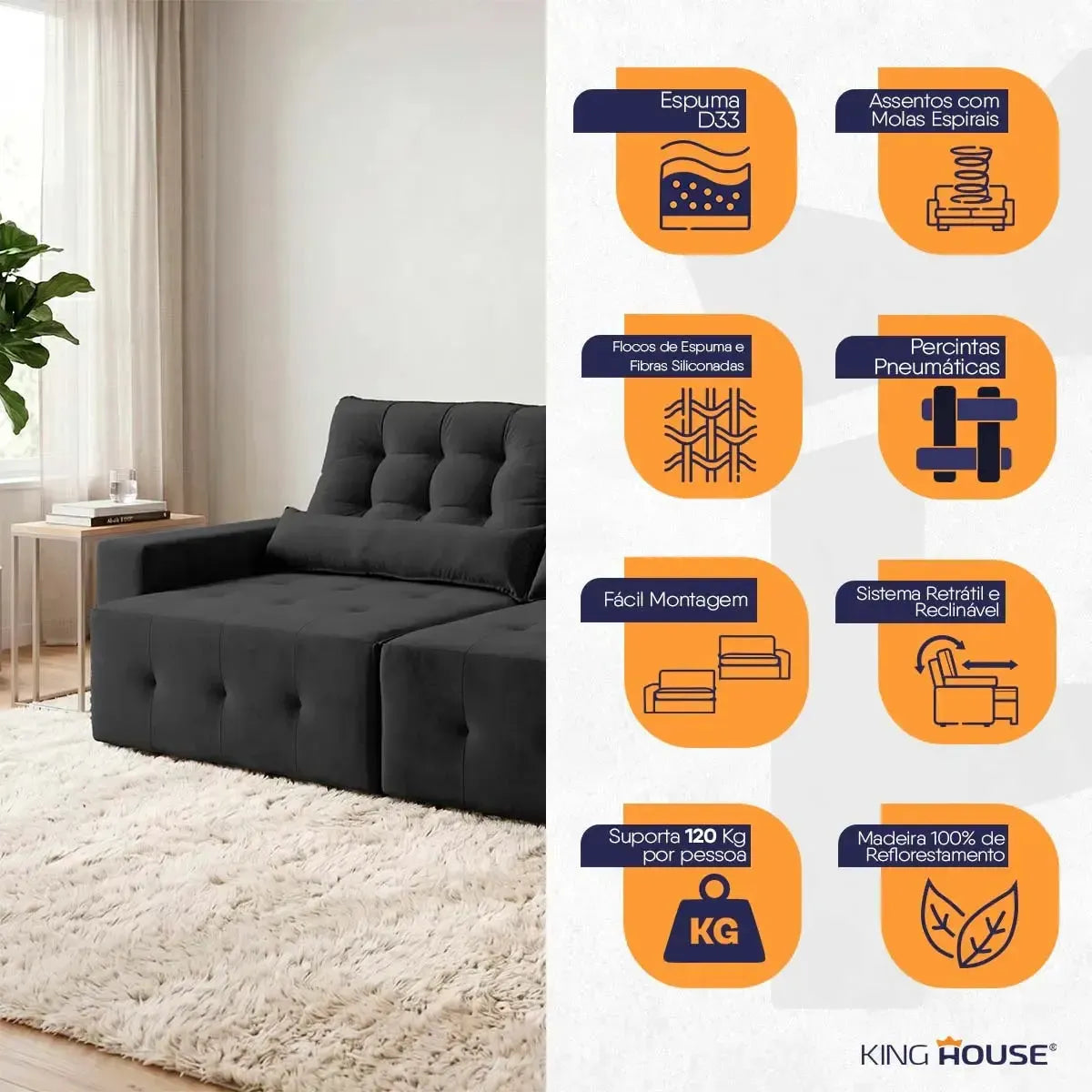 Sofá retrátil reclinável Montebello preto em suede velut com molas, espuma D33 e encosto reclinável.