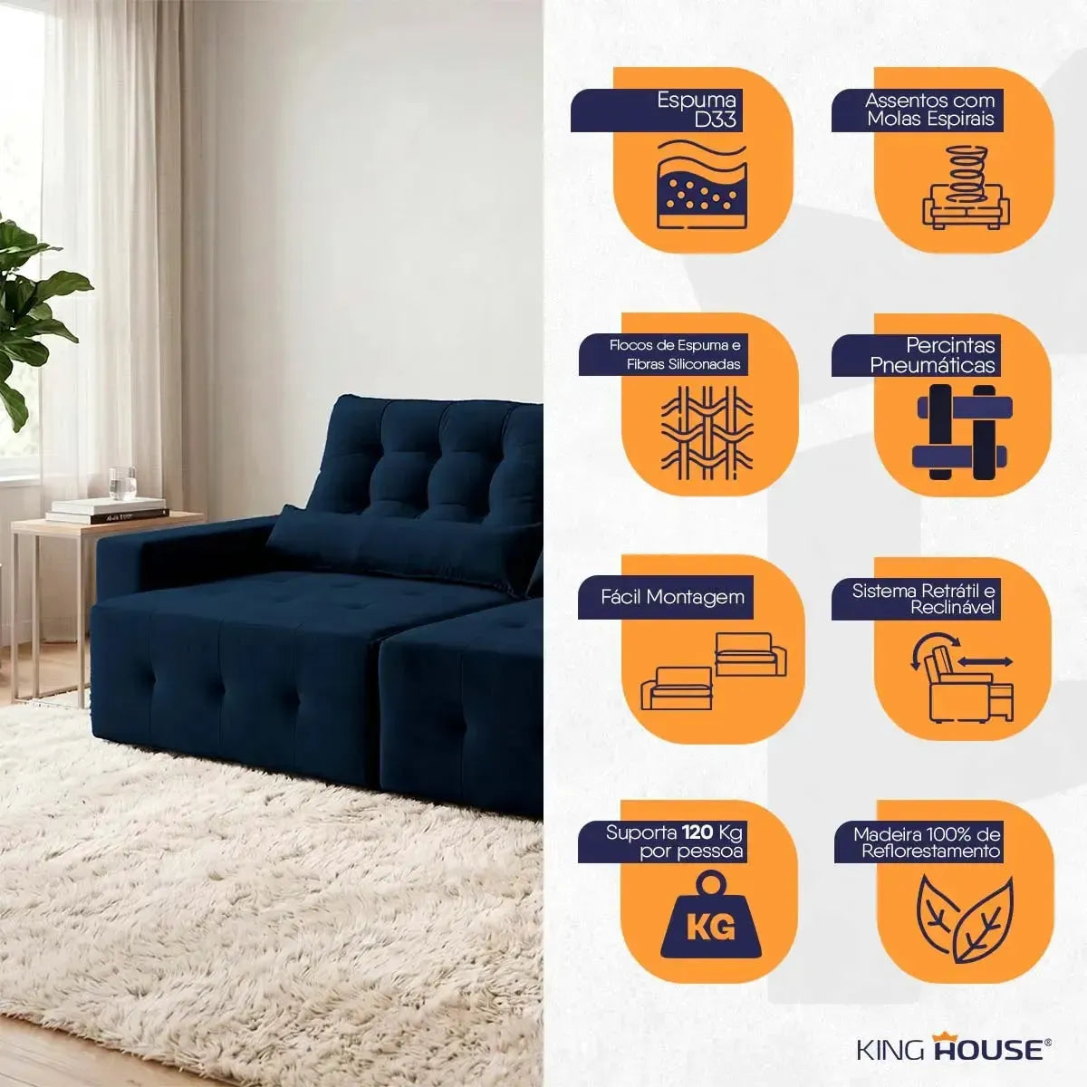 Sofá retrátil reclinável Montebello 2,30m em suede velut azul marinho com molas no assento.