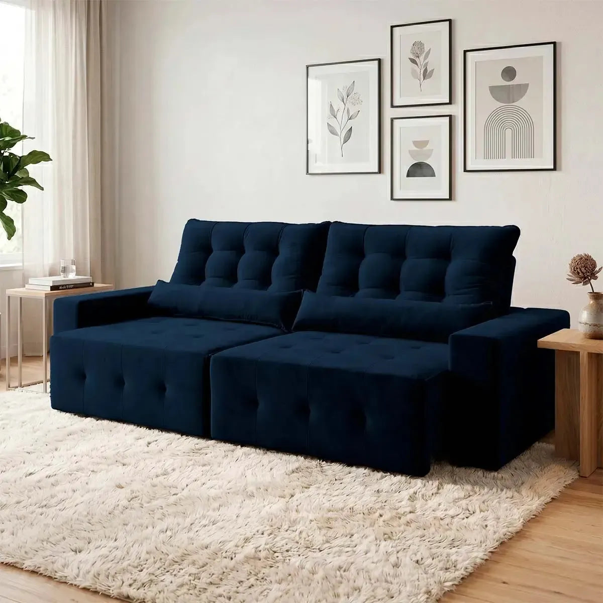 Sofá retrátil reclinável Montebello 2,30m em Suede Velut azul marinho com molas.