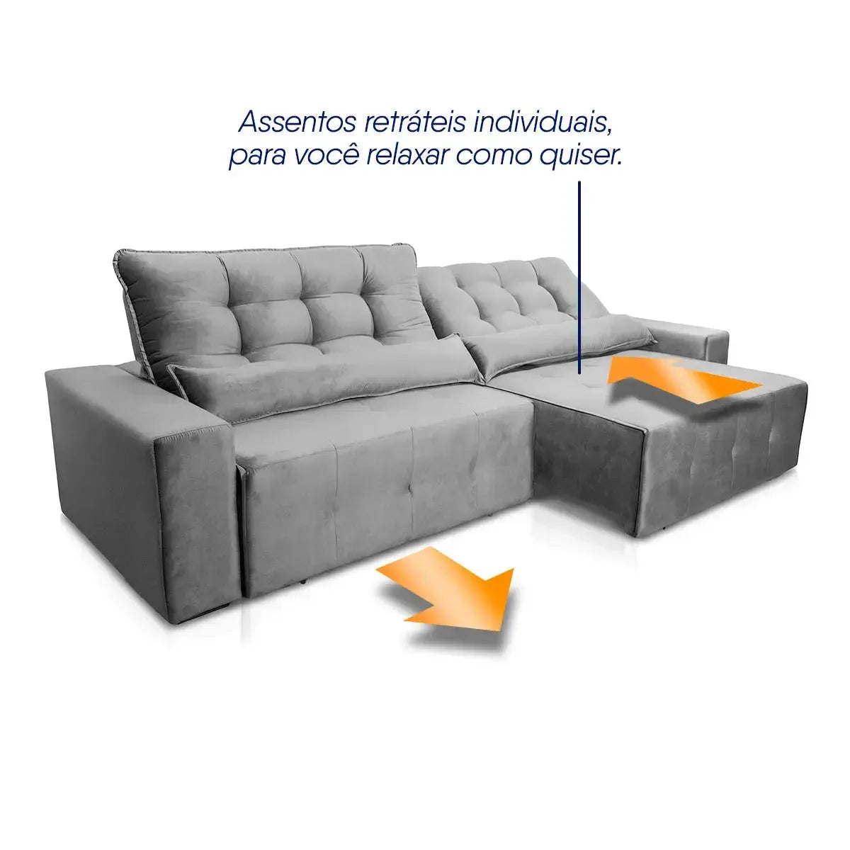 Sofá retrátil reclinável Montebello 2,30m em Suede Velut cinza com assentos individuais.