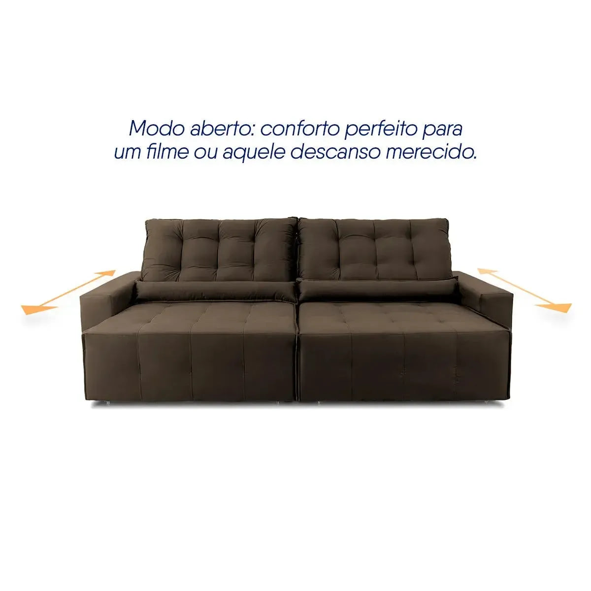 Sofá retrátil reclinável Montebello 2,30m em suede velut marrom com assentos estendidos.