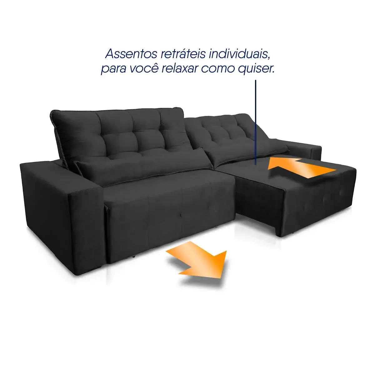 Sofá retrátil reclinável Montebello 2,30m em suede velut preto com assentos individuais.