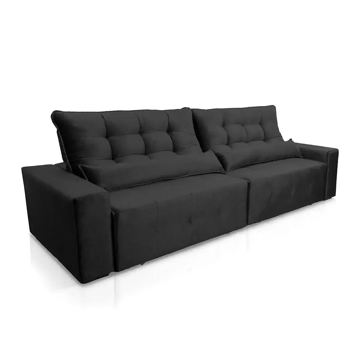 Sofá retrátil reclinável Montebello 2,30m em Suede Velut preto com molas no assento.