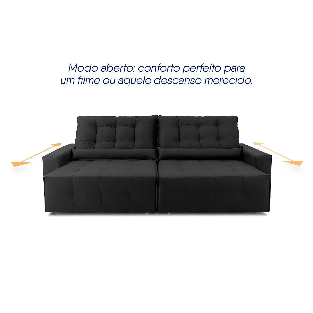 Sofá retrátil reclinável Montebello 2,30m em Suede Velut preto, com assento estendido.
