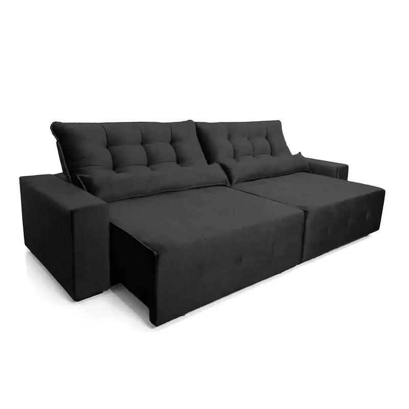 Sofá retrátil reclinável Montebello 2,30m em Suede Velut preto com molas.