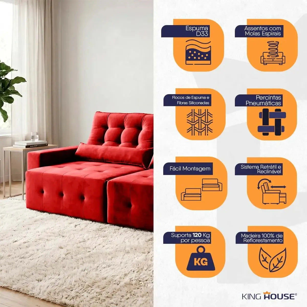 Sofá retrátil reclinável Montebello vermelho suede velut com molas, em ambiente moderno.