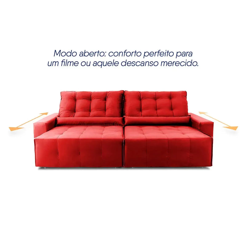 Sofá retrátil reclinável Montebello vermelho em suede velut com assentos estendidos.