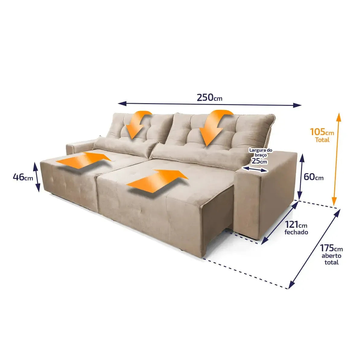 Sofá retrátil reclinável Montebello 2,50m em suede velut bege, com molas no assento e dimensões detalhadas.