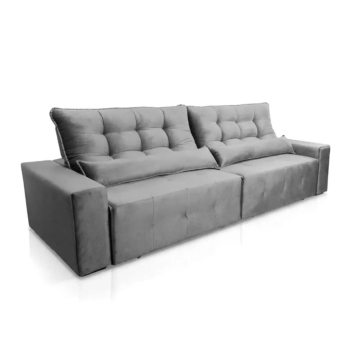 Sofá retrátil reclinável Montebello 2,50m em suede velut cinza, com molas no assento.