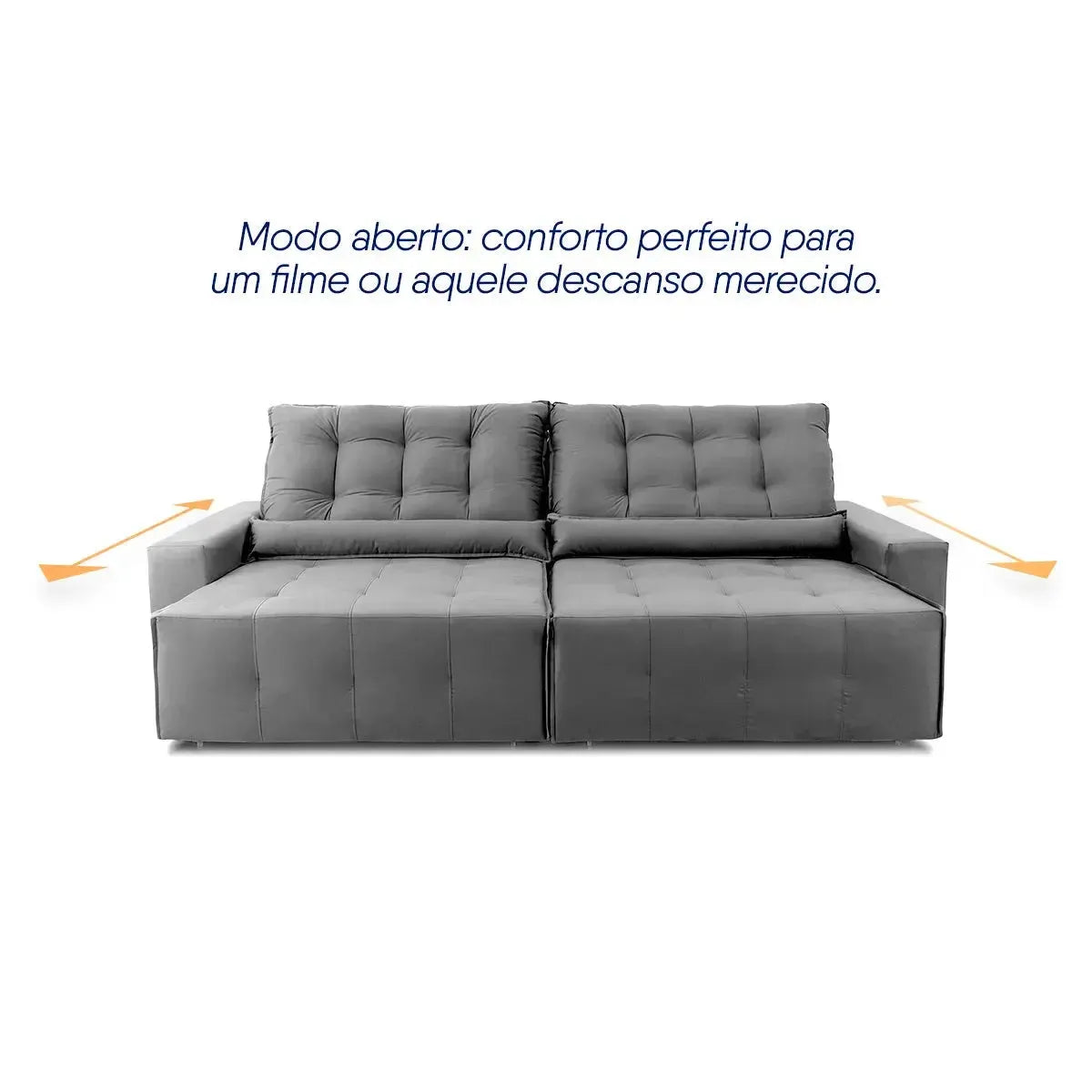 Sofá retrátil reclinável Montebello 2,50m em suede velut cinza, com assento estendido.