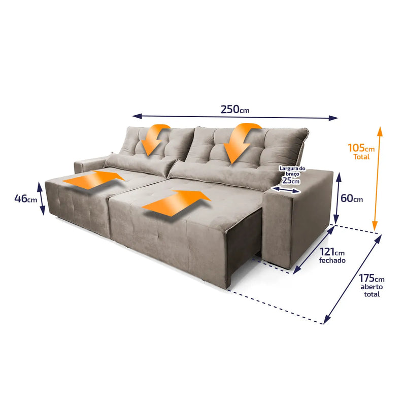 Sofá Retrátil Reclinável Montebello 2,50m Suede Velut Tabaco Molas no Assento