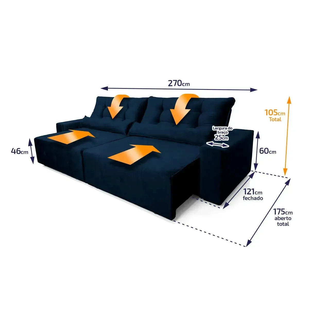 Sofá retrátil reclinável Montebello 2,70m em suede velut azul marinho com molas no assento.