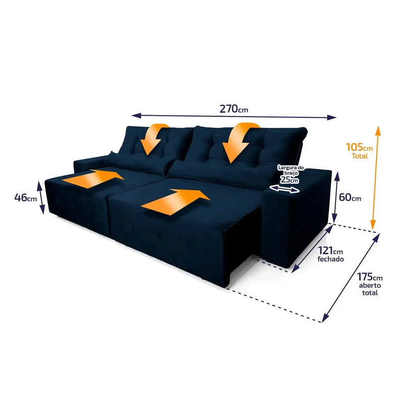 Sofá retrátil reclinável Montebello 2,70m em suede velut azul marinho com molas no assento.