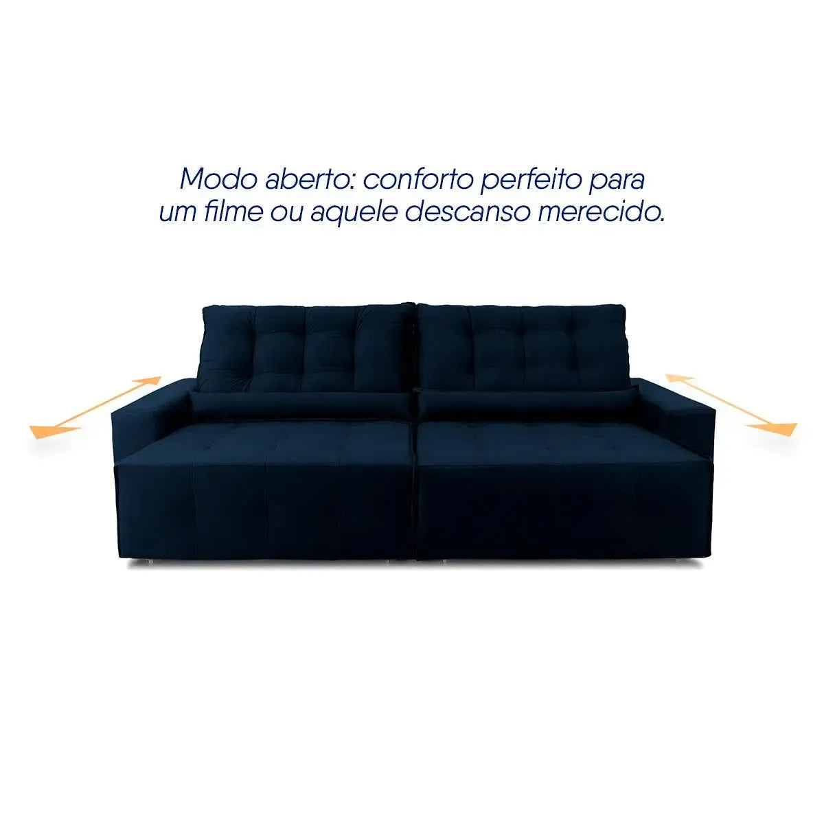 Sofá retrátil reclinável Montebello 2,70m em suede velut azul marinho, com assentos estendidos.
