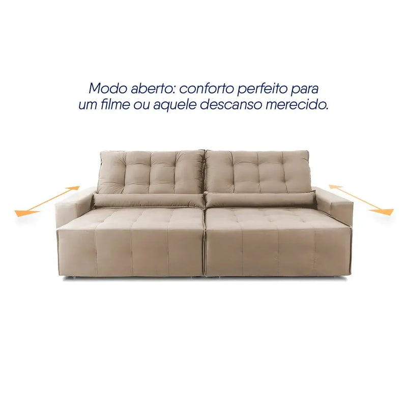 Sofá retrátil reclinável Montebello bege em suede velut, com assentos estendidos para conforto.