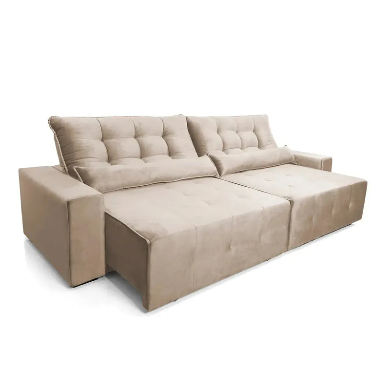 Sofá retrátil reclinável Montebello 2,70m em Suede Velut bege, com molas no assento.