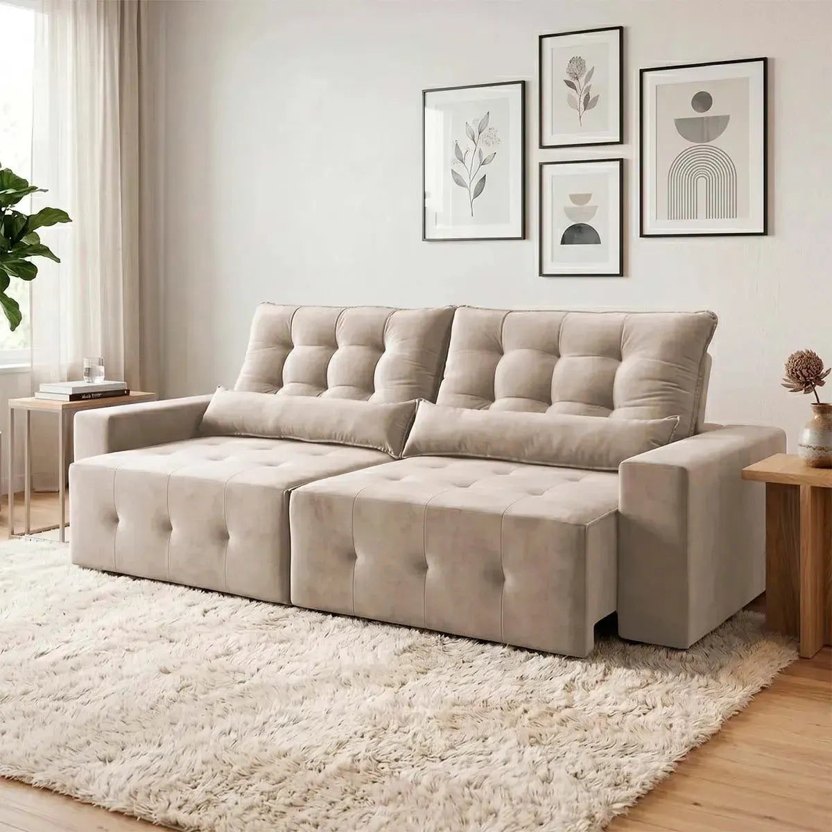 Sofá retrátil reclinável Montebello 2,70m em suede velut bege com molas no assento.