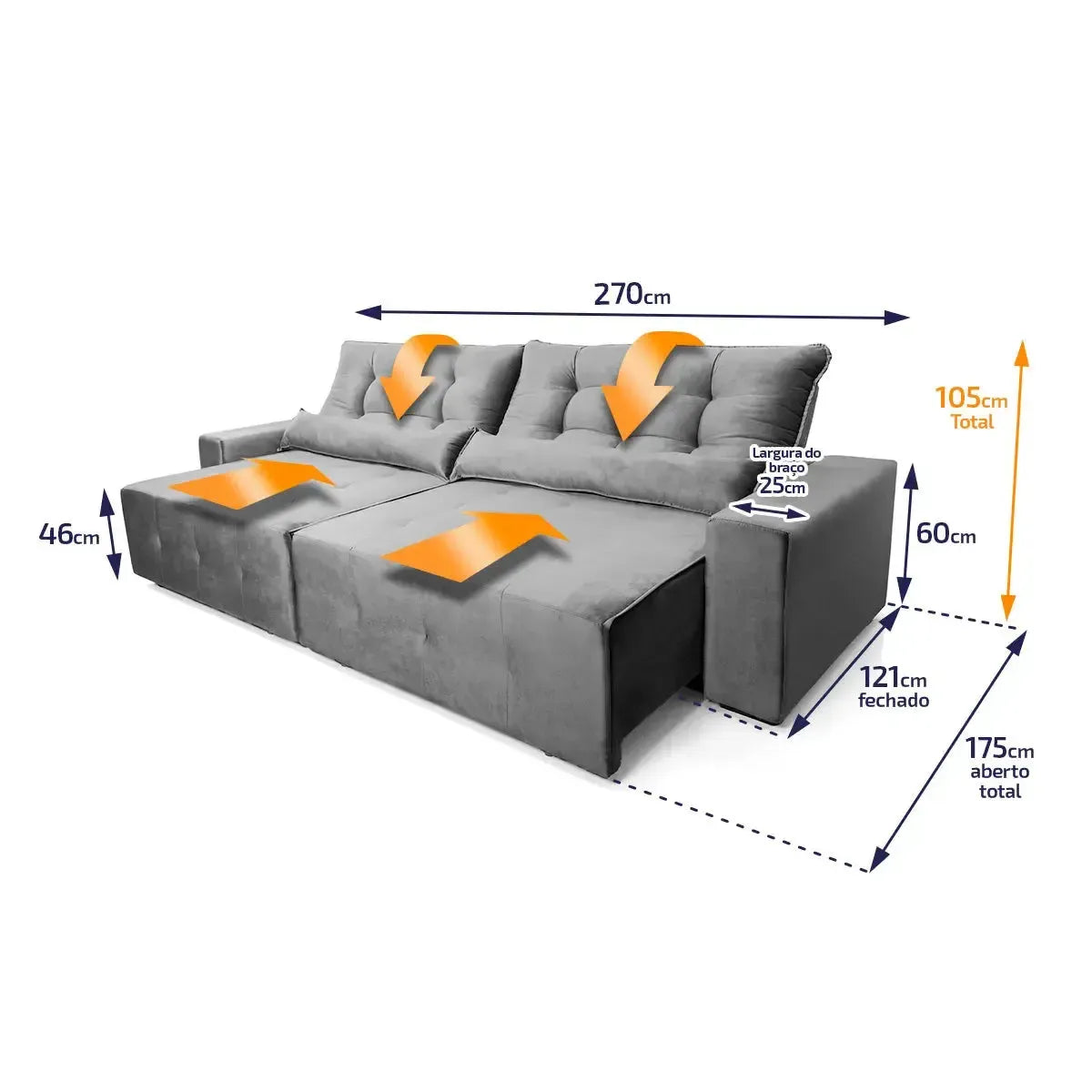 Sofá retrátil reclinável Montebello 2,70m em suede velut cinza com molas, mostrando dimensões.