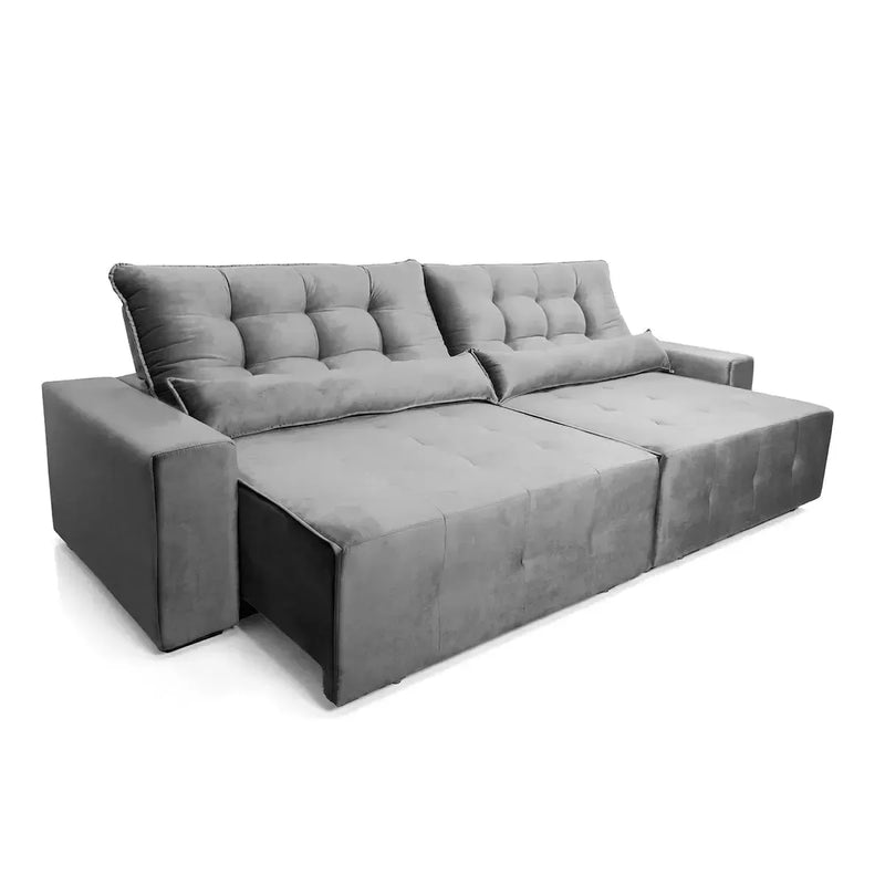 Sofá retrátil reclinável Montebello 2,70m em Suede Velut cinza, com molas no assento.