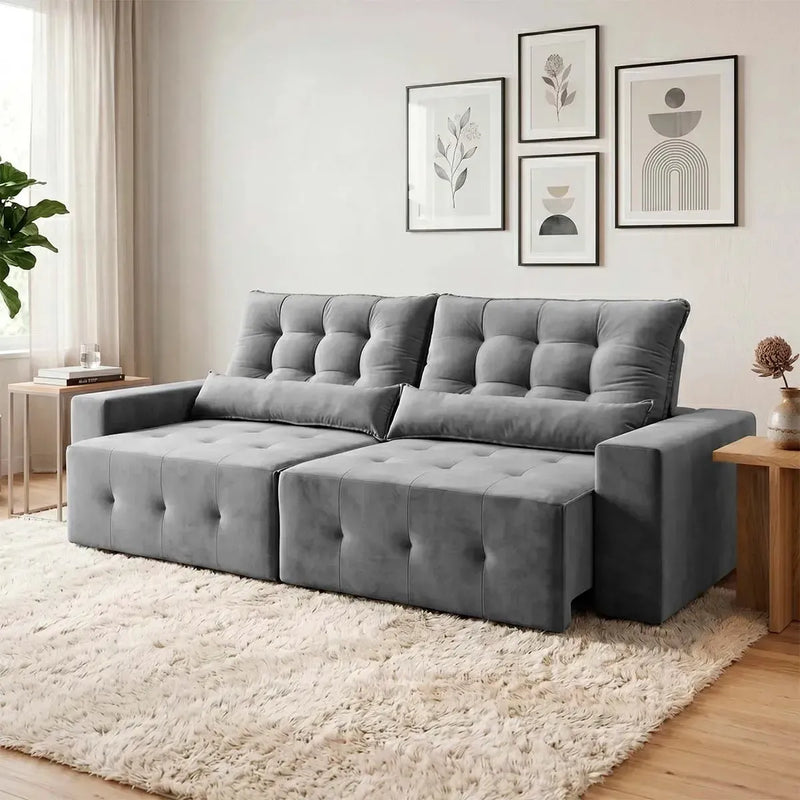 Sofá retrátil reclinável Montebello 2,70m em Suede Velut cinza, com molas no assento.