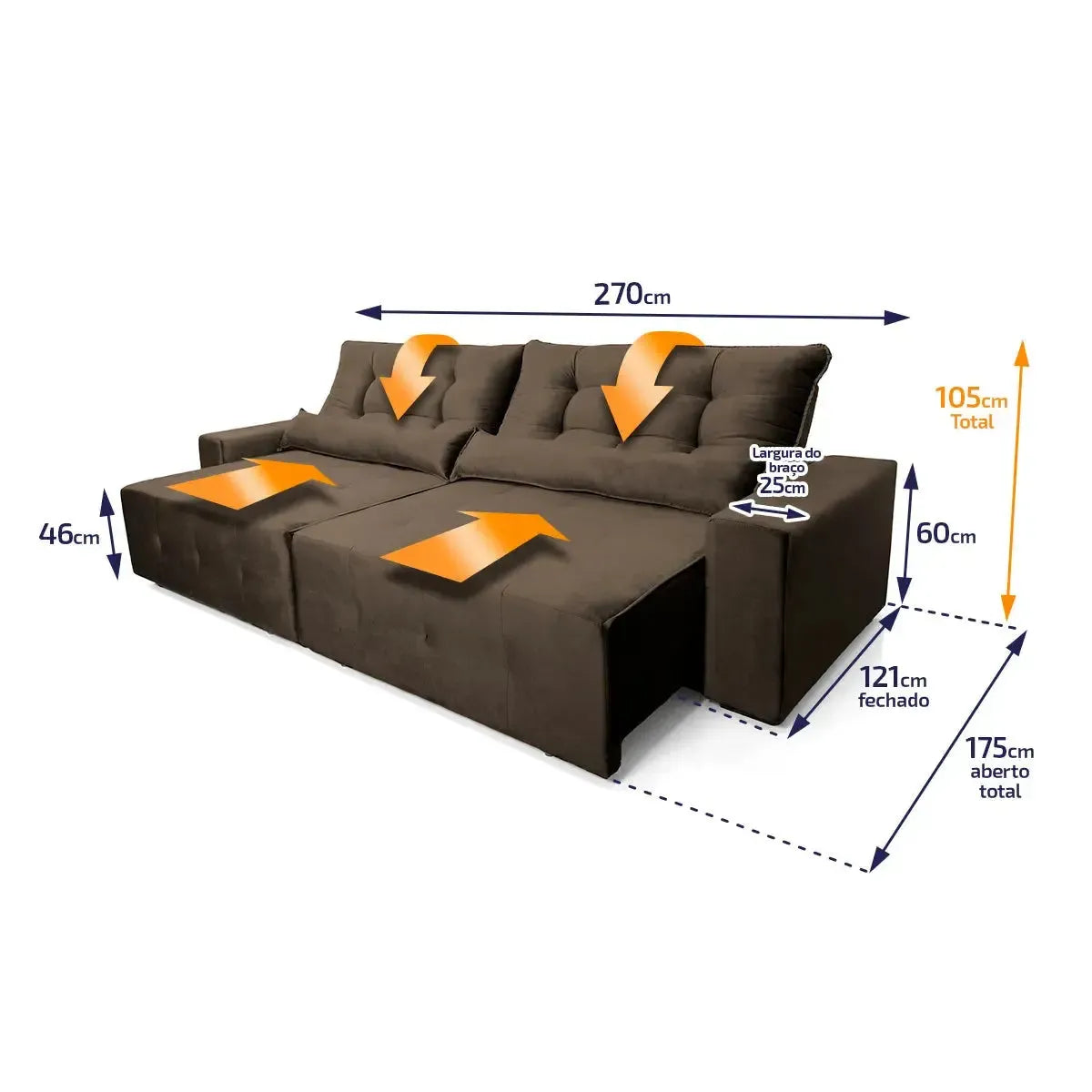Sofá retrátil reclinável Montebello 2,70m em suede velut marrom com molas, mostrando dimensões.