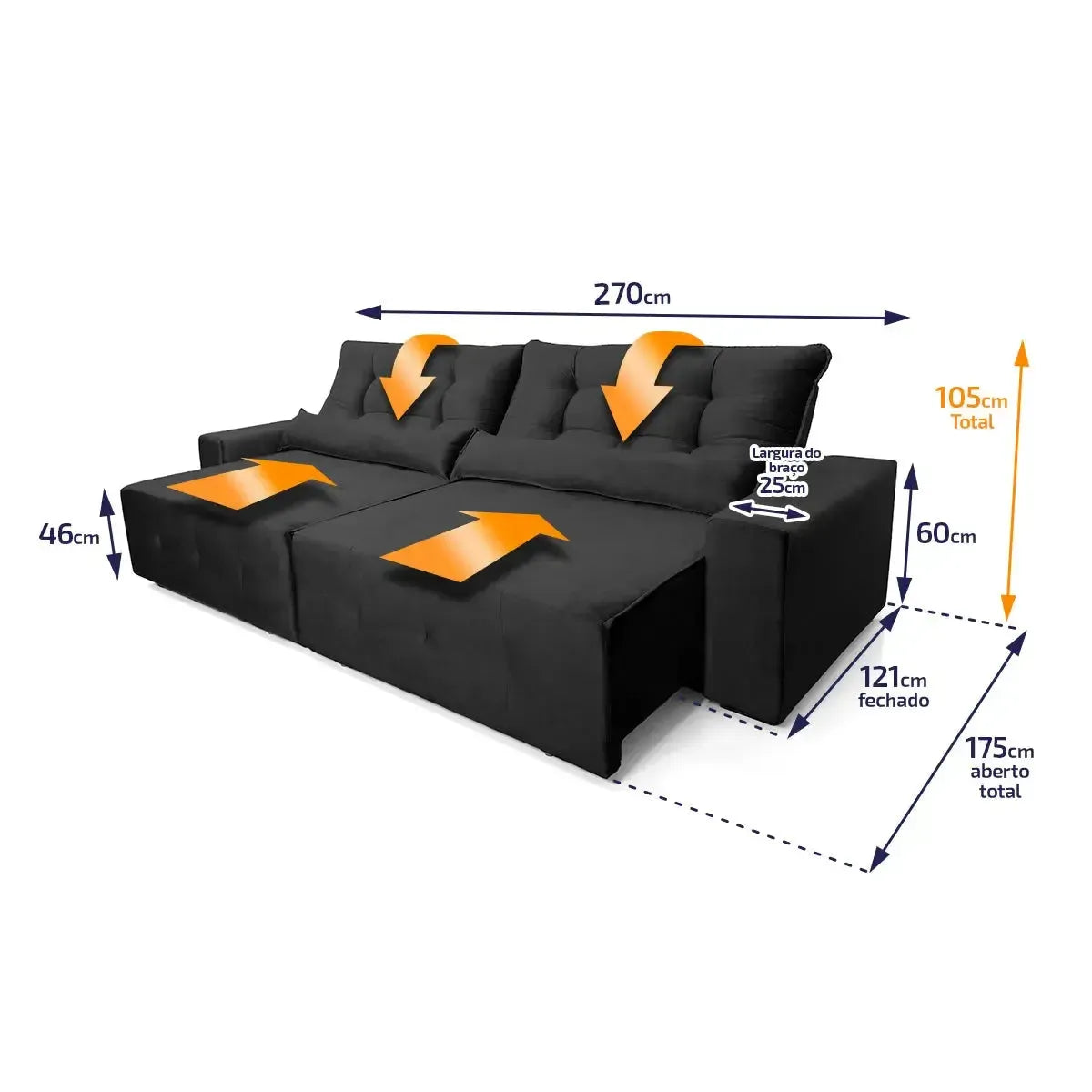 Sofá retrátil reclinável Montebello preto em suede velut, 2,70m, com medidas detalhadas.