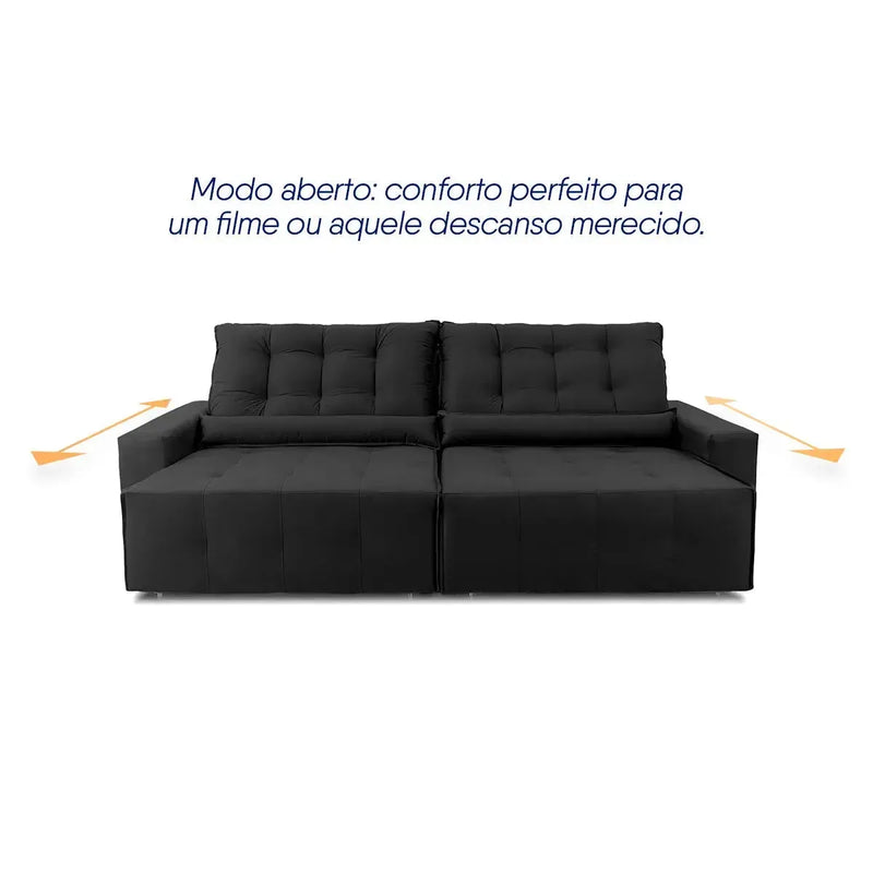 Sofá retrátil reclinável Montebello 2,70m em suede velut preto, com assento estendido.