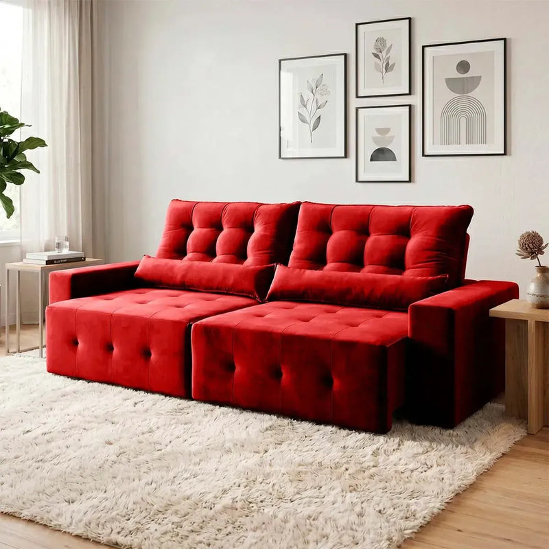 Sofá retrátil reclinável Montebello 2,70m em Suede Velut vermelho com molas no assento.