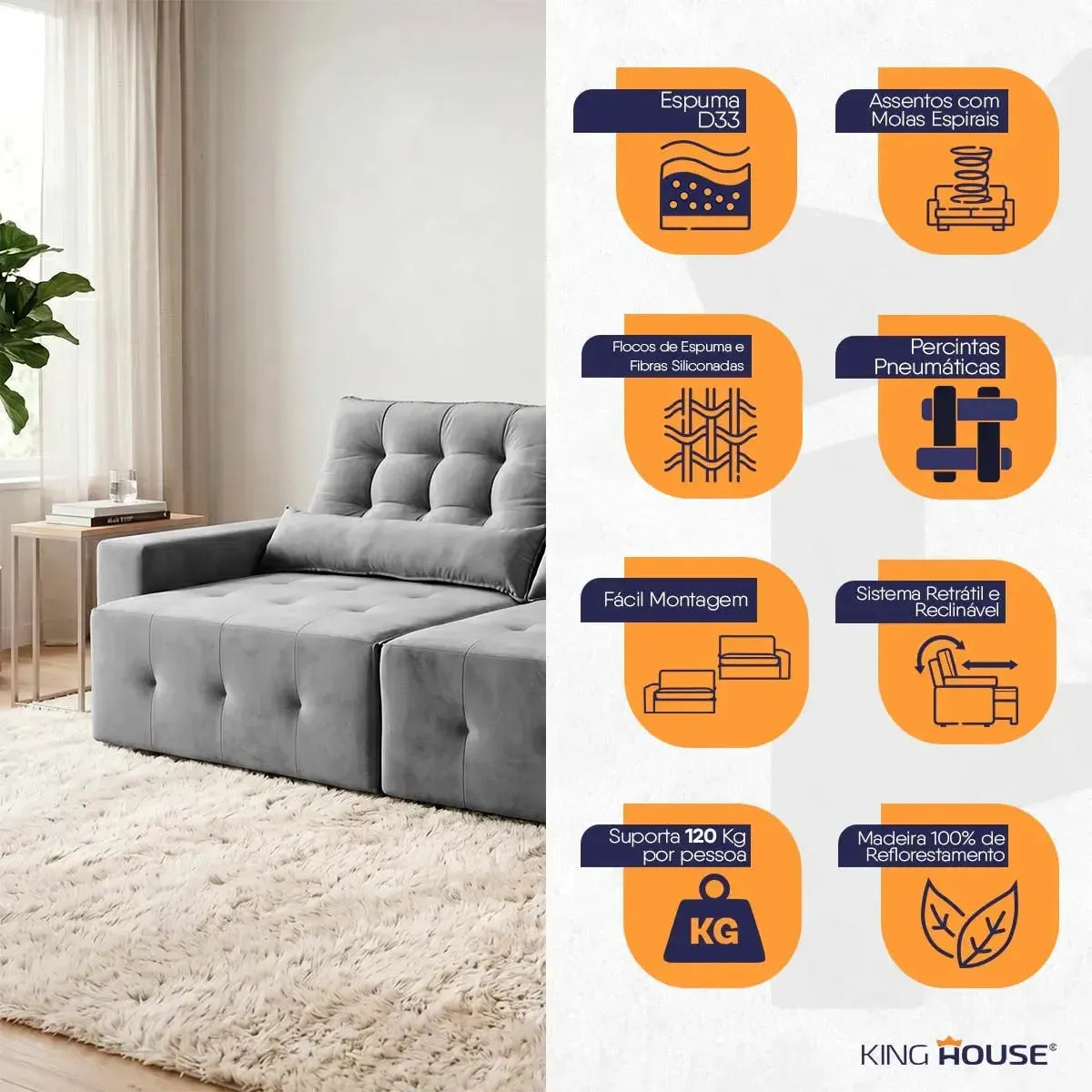 Sofá retrátil reclinável Montebello cinza suede velut com molas, em ambiente claro com tapete felpudo.