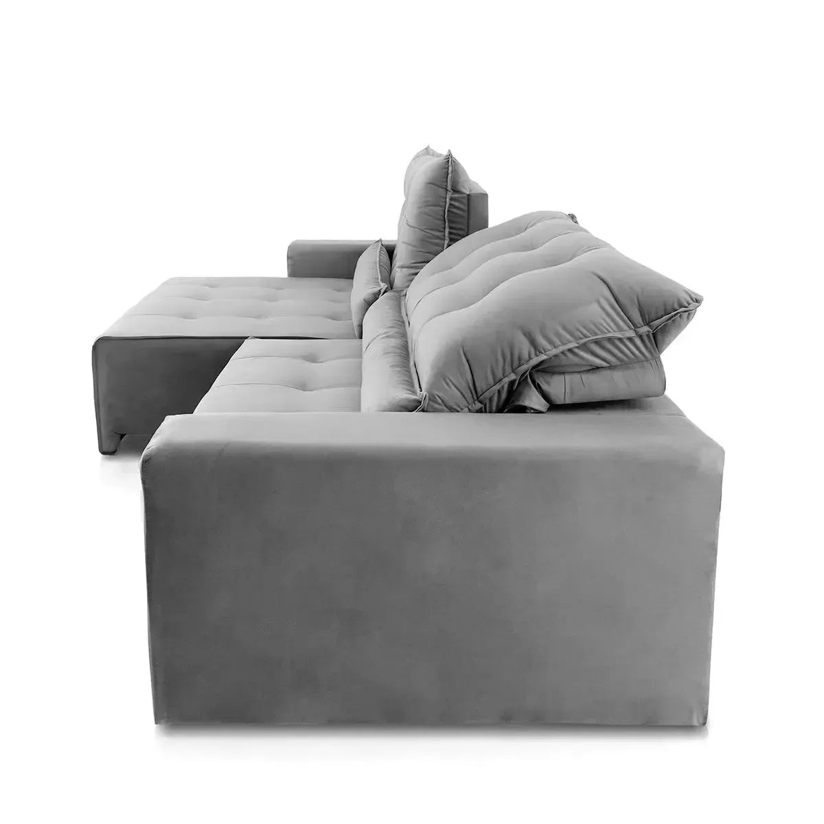 Sofá retrátil reclinável Montebello 3,00m em Suede Velut cinza com molas no assento.