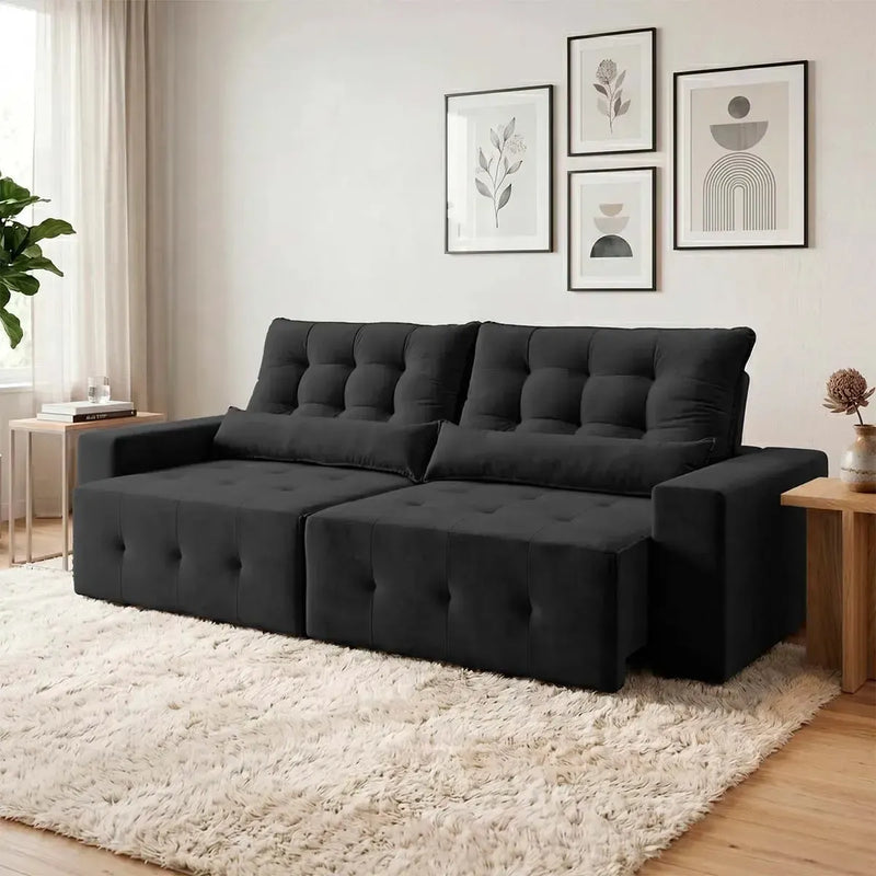 Sofá retrátil reclinável Montebello 3,00m em Suede Velut preto com molas no assento.