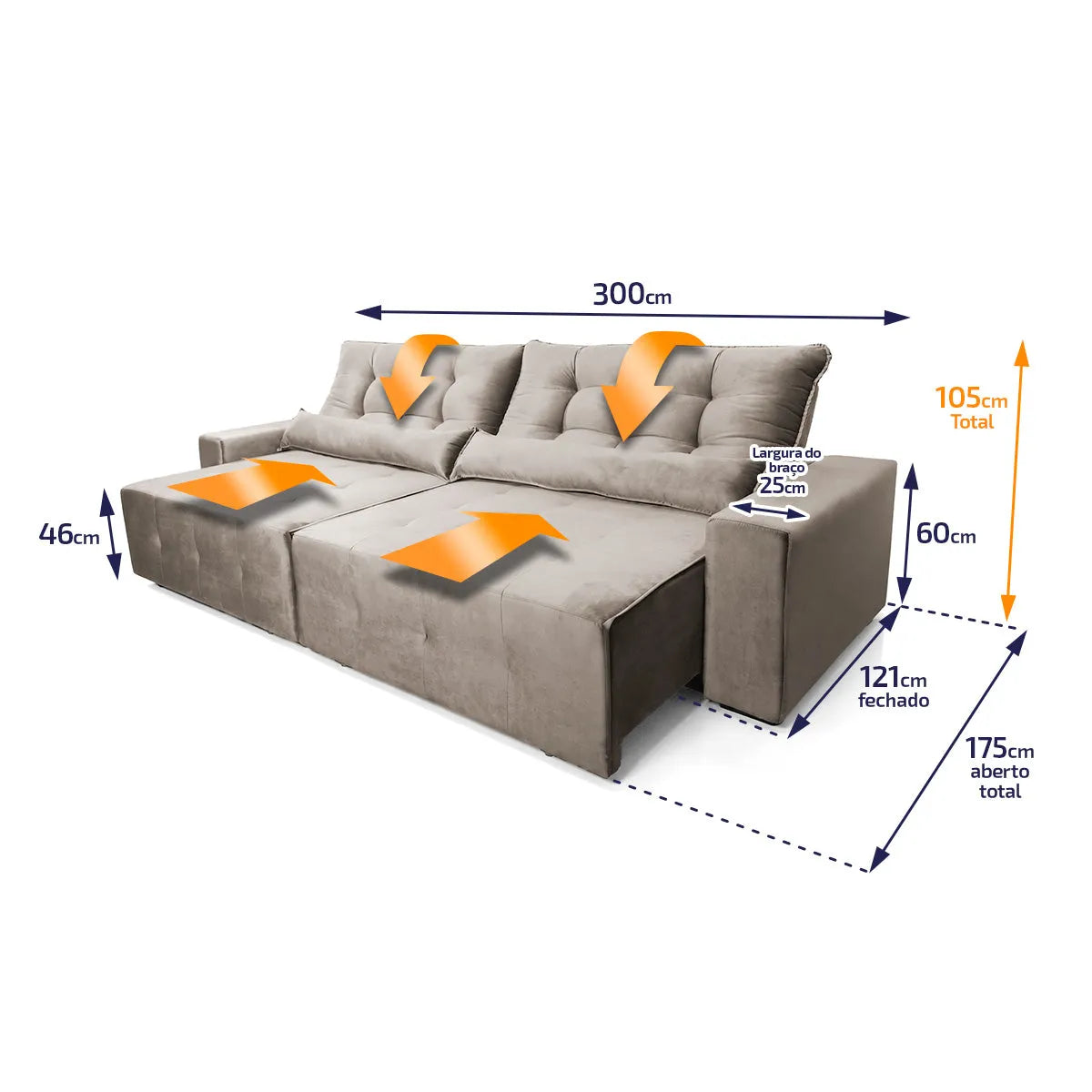 Sofá Retrátil Reclinável Montebello 3,00m Suede Velut Tabaco Molas no Assento