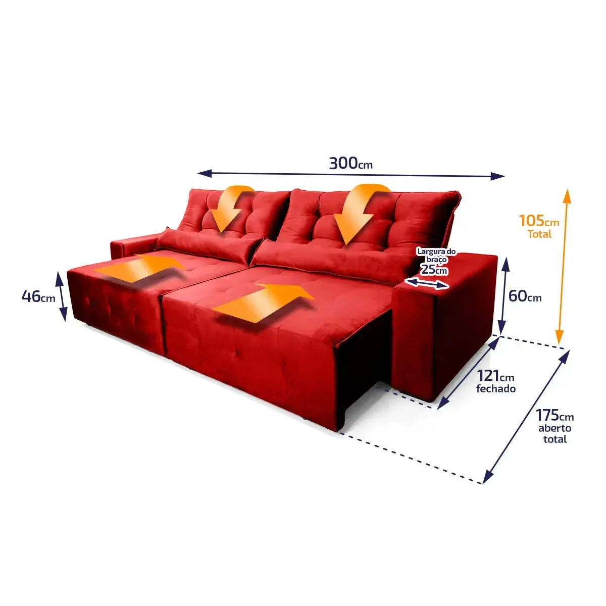Sofá retrátil reclinável Montebello 3,00m em suede velut vermelho com molas no assento, com dimensões.