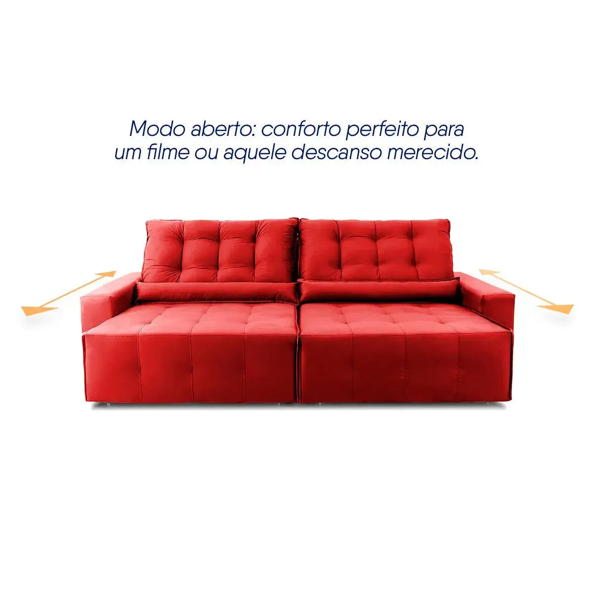 Sofá retrátil reclinável Montebello vermelho em suede velut com assento estendido.