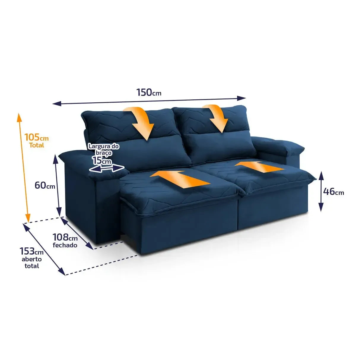 Sofá Retrátil Reclinável Paris 1,50m Suede Velut Azul Marinho Molas no Assento