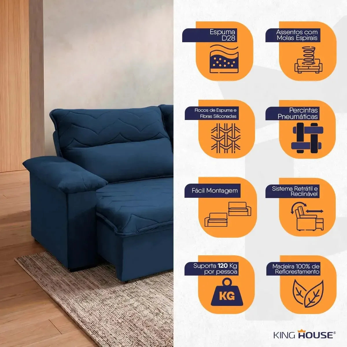 Sofá Retrátil Reclinável Paris 1,80m Suede Velut Azul Marinho Molas no Assento