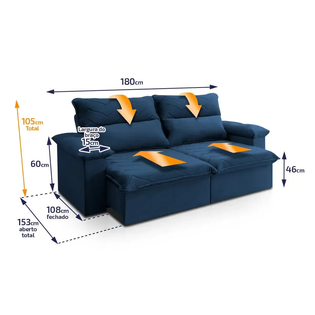 Sofá Retrátil Reclinável Paris 1,80m Suede Velut Azul Molas Ensacadas